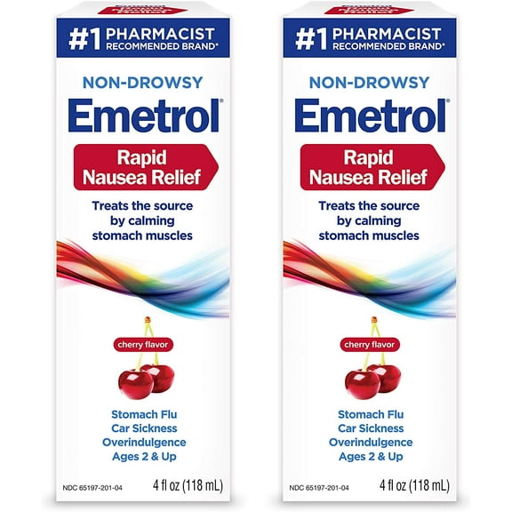 Emetrol Nausea & Upset Stomach Relief Liquid Medication, Cherry - 4 oz Bottle, 2 Count