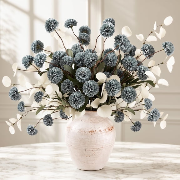 Emibele 12pcs Artificial Fall Fake Flowers Silk Pompon Mums, Faux Chrysanthemum Flowers with Eucalyptus, Autumn Floral Centerpieces for Home Table DIY Bouquet Wedding Decorations, Blue
