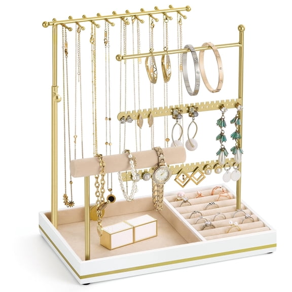 Emibele Jewelry Organizer, 5 Tier Jewelry Display Stand, Velvet Jewelry Necklace Organizer Holder for Bracelet, Necklaces, Earrings, Rings, Watches, Aesthetic Gift for Women