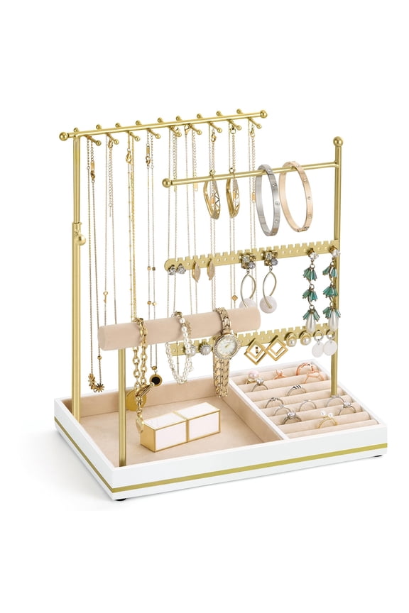 Jewelry Holder, Jewelry Organizer Stand, 5 Tier Jewelry Display Rack with Metal Frame and Velvet Ring Tray, Aesthetic Jewelry Stand Gift for Women, Gold