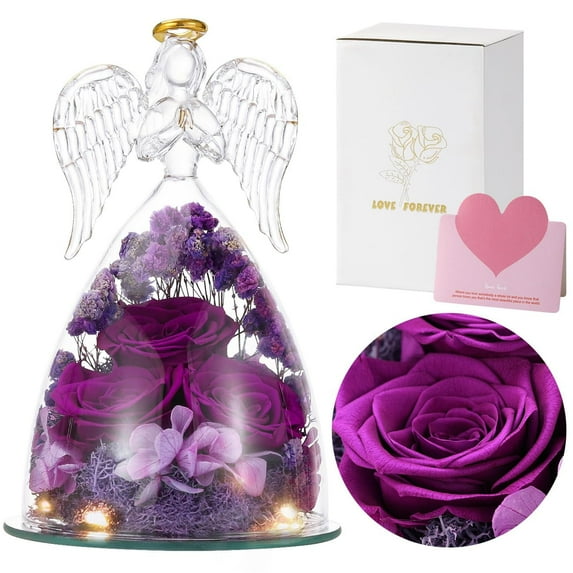Emibele Preserved Real Rose in Glass Angel Figurines, Eternal Purple Rose Gift Flower with LED Lights for Women Mom Wife Her Grandma Anniversary Valentine Mother's Day,Purple