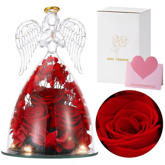 Emibele Preserved Real Rose in Glass Angel Figurines, Eternal Purple Rose Gift Flower with LED Lights for Women Mom Wife Her Grandma Anniversary Valentine Mother's Day,Red