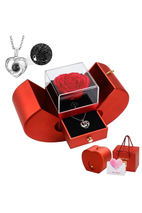 Preserved Rose Flower with Heart Necklace, Eternal Flower Rose Box for Her Women Wife Grandma Anniversary Birthday Romantic Valentines Mothers Day Gifts, Red