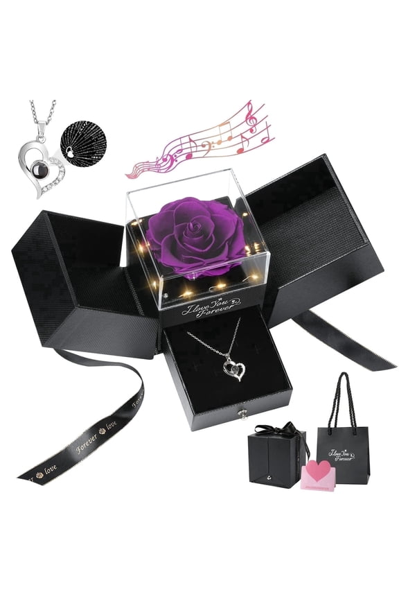 Preserved Rose Flower with Heart Necklace, Eternal Purple Rose Gifts for Her Women Mom Wife Grandma on Mothers Day Anniversary Birthday Valentines