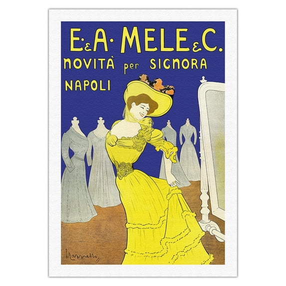 Emiddio and Alfred Mele Clothing - New to Naples Italy (Novità Per Signora Napoli) - Vintage Advertising Poster by Leonetto Cappiello c.1902 - Fine Art Rolled Canvas Print 27in x 40in