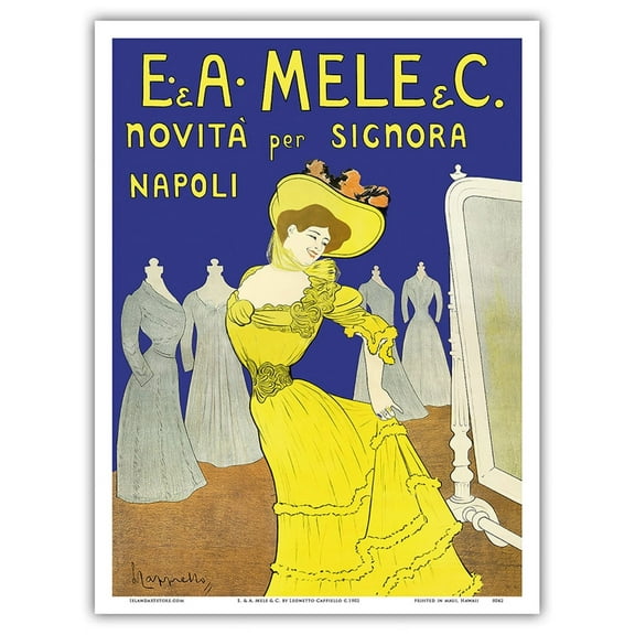 Emiddio and Alfred Mele Clothing - New to Naples Italy (Novità Per Signora Napoli) - Vintage Advertising Poster by Leonetto Cappiello c.1902 - Master Art Print (Unframed) 9in x 12in