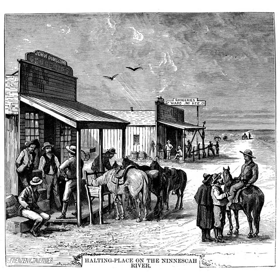 Emigrants In Kansas 1874. Na Resting Stop For Emigrants Near Wichita Kansas. Wood Engraving 1874. Print by