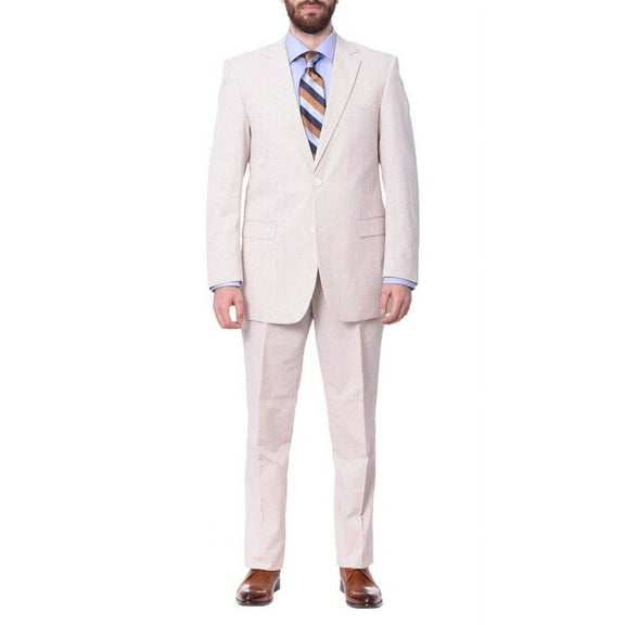 Emigre Classic Fit Tan Striped Two Button Cotton Seersucker Suit