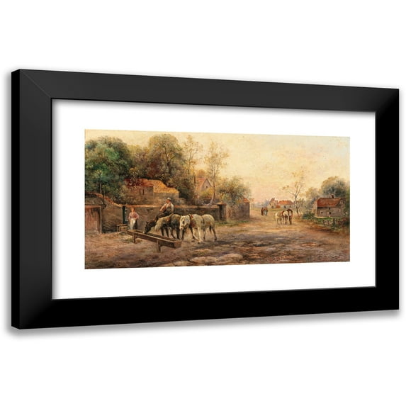 Emil Barbarini 14x9 Black Modern Framed Museum Art Print Titled - A Country Road, Horses Near a Watering Place