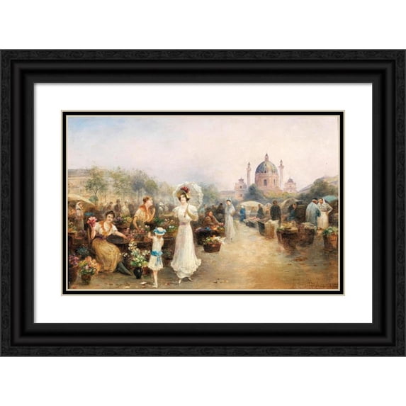 Emil Barbarini 24x17 Black Ornate Framed Double Matted Museum Art Print Titled: A Flower Market Before the Church of St. Charles, Vienna