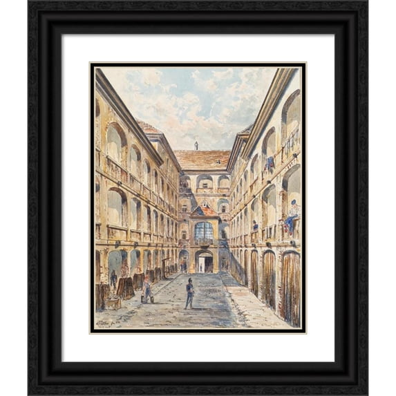 Emil Hütter 20x24 Black Ornate Framed Double Matted Museum Art Print Titled: The First Courtyard of the Salzgries Barracks in Vienna (1880)