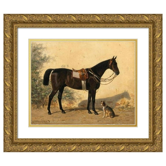 Emil Volkers 17x15 Gold Ornate Wood Frame and Double Matted Museum Art Print Titled - A Black Horse with a Dog (1885)