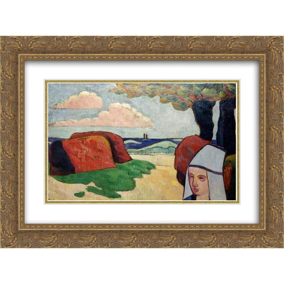 Emile Bernard 2x Matted 24x20 Gold Ornate Framed Art Print 'Breton Woman at Haystacks'