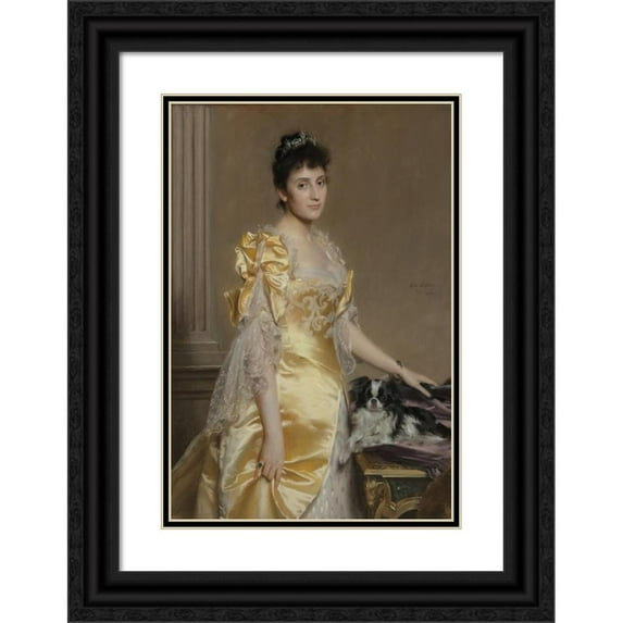 Emile Charles Wauters 17x24 Black Ornate Framed Double Matted Museum Art Print Titled: Portrait of an Elegant Woman with a Papillon Spaniel (1895)