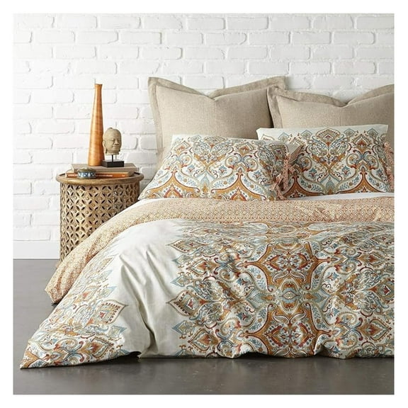 Emile King Duvet Set, 100% Cotton, Beige & Orange Medalion Design - Luxury Oversized King Duvet Cover & 2 Shams - Pre-Washed, Machine Washable