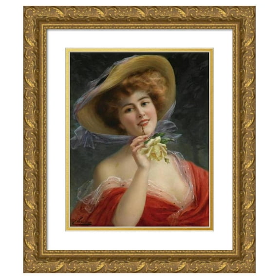 Emile Vernon 15x18 Gold Ornate Wood Frame and Double Matted Museum Art Print Titled - Yellow Rose