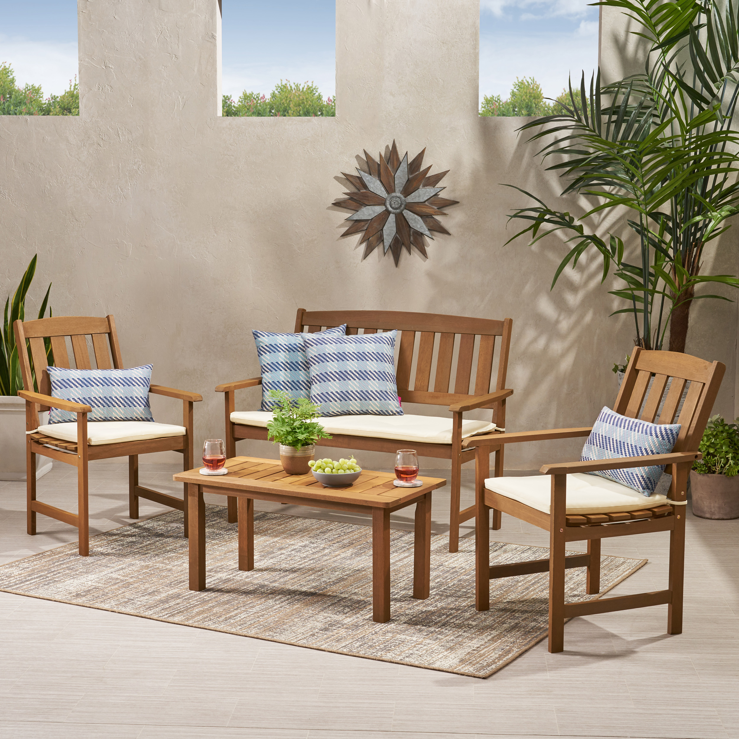 Emilia Outdoor Meranti 4 piece Wood Chat Set with Cushions, Honey Oak, Cream - image 1 of 8