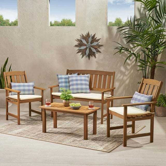 Emilia Outdoor Meranti 4 piece Wood Chat Set with Cushions, Honey Oak, Cream