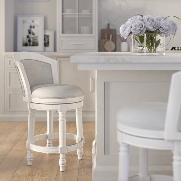 Emily 26" Wood Barrel-Back Counter-Height Bar Stool with Swivel and Upholstered Seat and Back, Farmhouse White with Light Gray Seat and Back