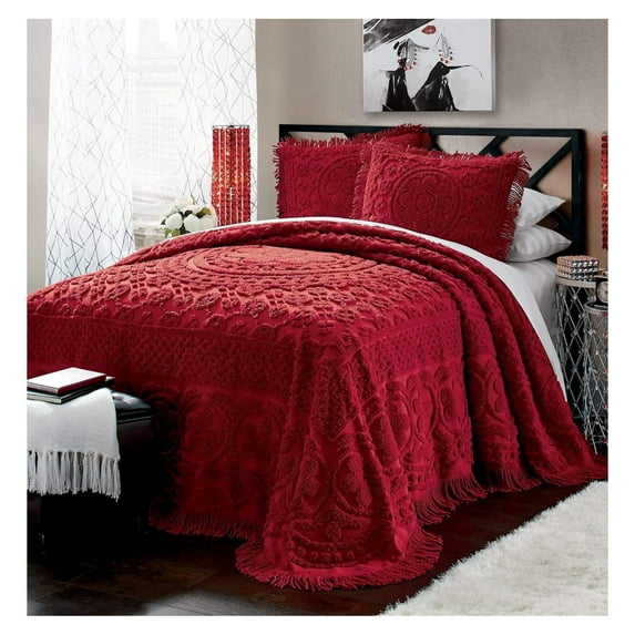 Emily Floral Chenille Bedspread, Soft Cotton Comforter, California King Size Quilt in Red - Luxury Hotel Bedding, California King Bedspread (Red, California King)