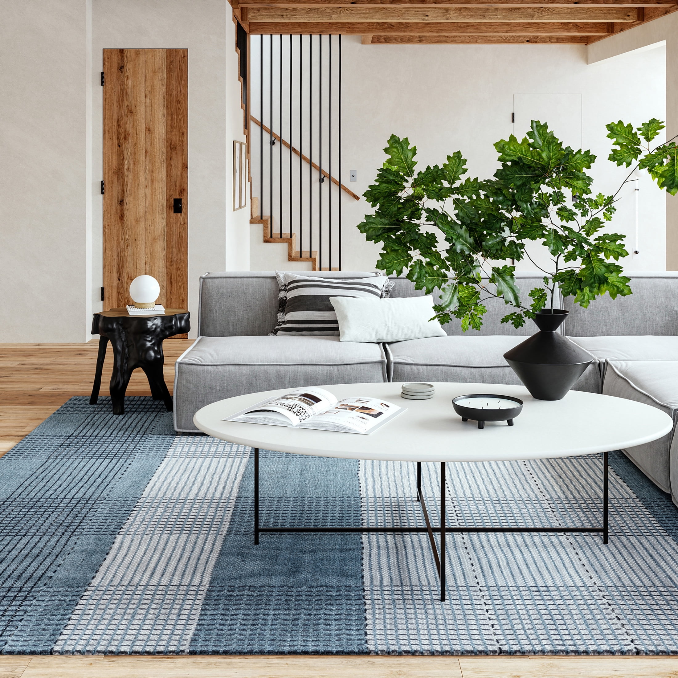 Blue Plaid Handmade Wool Area Rug, 3' x 5'