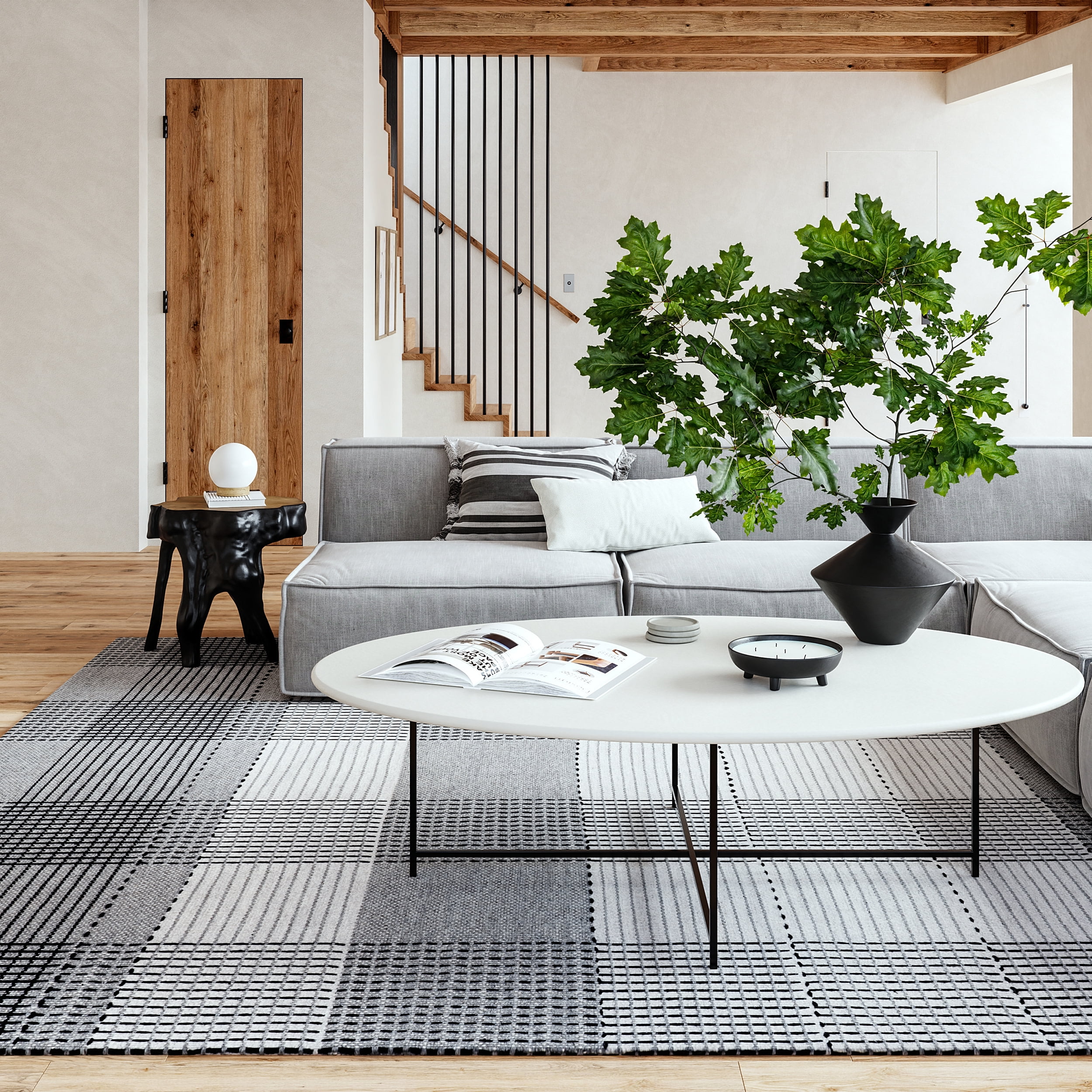 Handmade Gray Wool Plaid Rectangular Area Rug, 6' x 9'