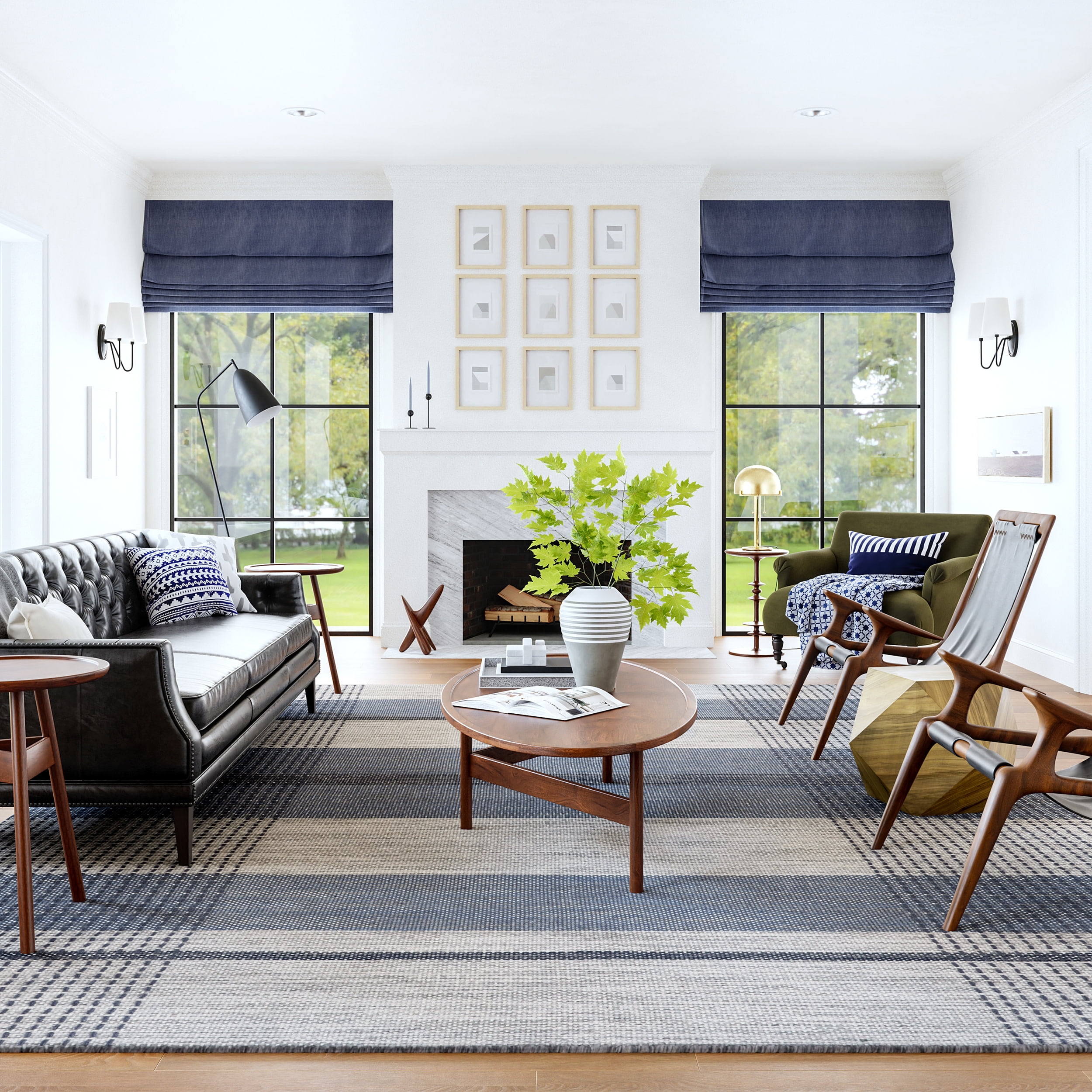 Blue and Gray Rectangular Wool Plaid Area Rug, 5x8 ft