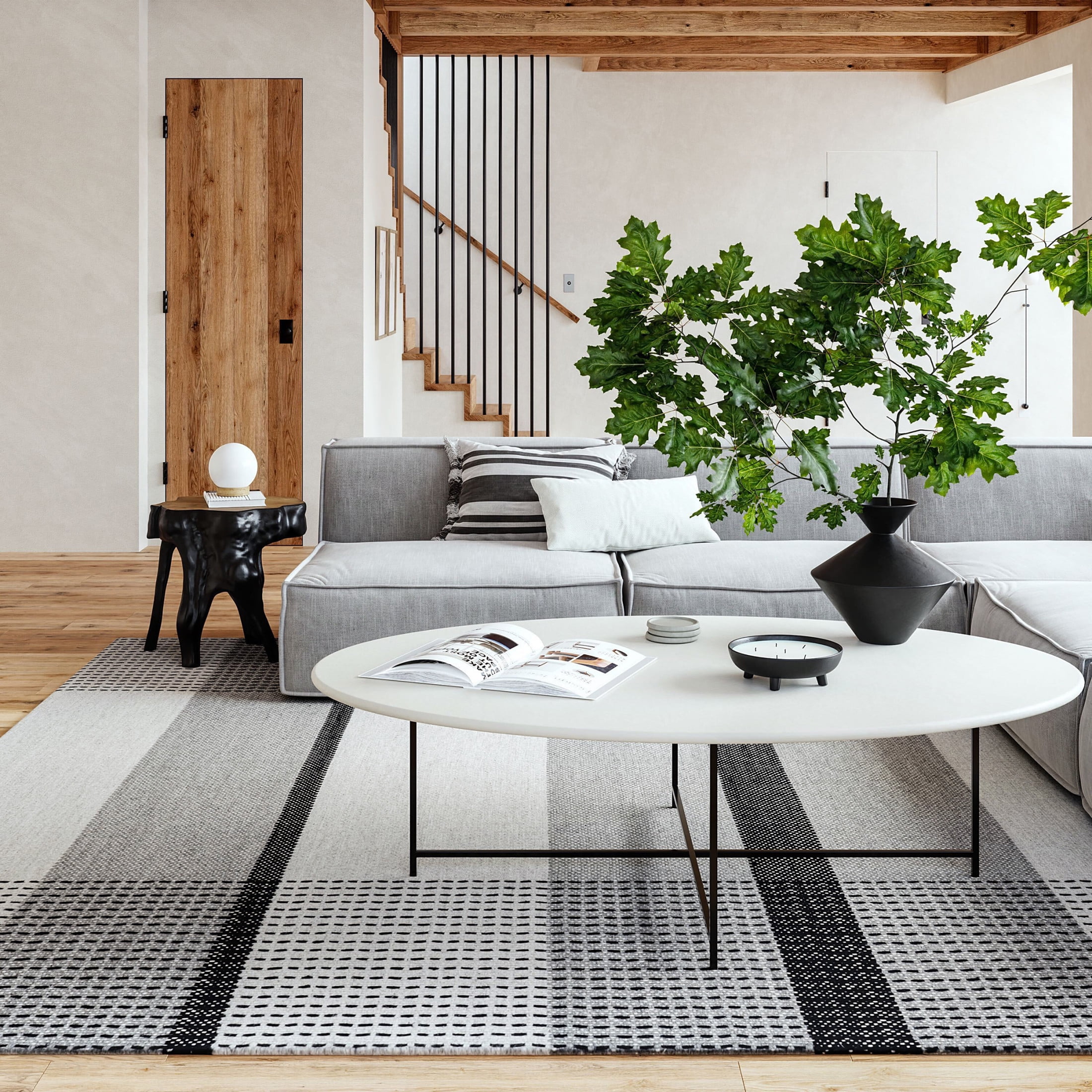 Gray and Black Plaid Wool Rectangular Area Rug 5' x 8'