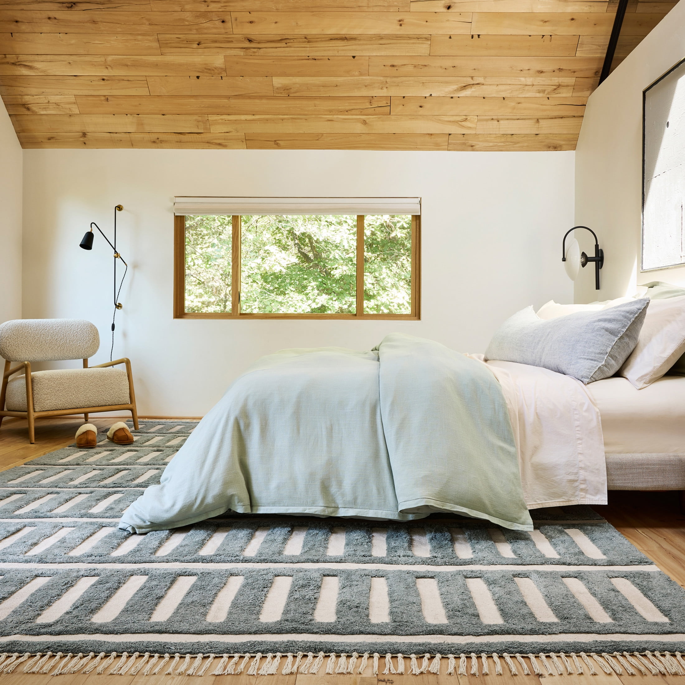 Teal and Off-White Striped Wool and Cotton 10' x 14' Area Rug