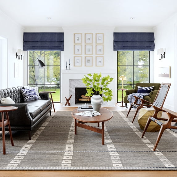 Morgan Geometric Check Wool and Cotton Area Rug, 7' 6" x 9' 6", Morgan Grey