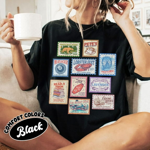 Emily Henry Books Stamp Comfort Colors T-Shirt, Beach Read, Sunshine Falls, Happy Place Inspired Shirt, Book Lovers,Black Color,Size 2XL