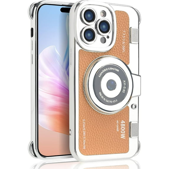 Emily in Paris Phone Case Compatible with iPhone 14 Pro Max Case Cute 3D Vintage Camera Phone Case Handbag Lanyard Strap Plating Camera Protective PU Leather Cover for Women and Girls, Brown