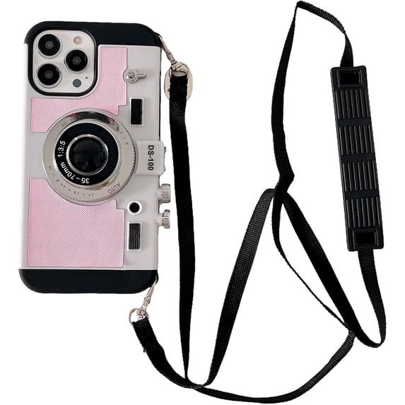 Emily in Paris Phone Case Compatible with iPhone 14 Pro for Women and Girls Camera Case Cute Vintage 3D Design Fashion Neck Strap Crossbody Strap Lanyard Cover Shockproof Protective Cover Pink