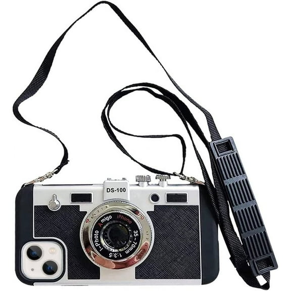 Emily in Paris Phone Case for iPhone 13 Pro Cute 3D Vintage Camera Phone Case with Lanyard Adjustable Shoulder Strap Unique Cool Silicone PC Case for iPhone 13 Pro Girls Women Black