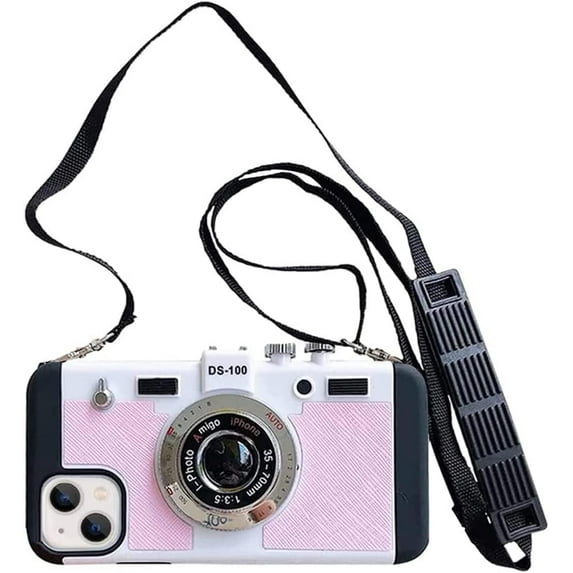 Emily in Paris Phone Case for iPhone 14 Plus Cute 3D Vintage Camera Phone Case with Lanyard Adjustable Shoulder Strap Unique Cool Silicone PC Case for iPhone 14 Plus Girls Women Pink