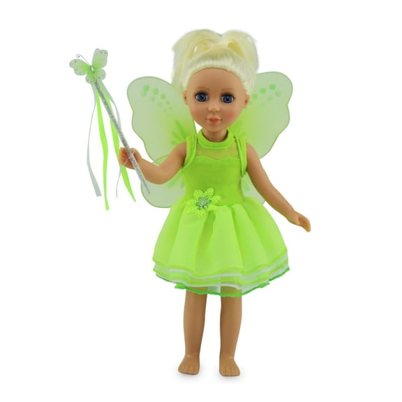Emily Rose 14.5 Inch Doll Clothes 3 Piece Magical Tinker Bell Fairy Princess 14" Doll Costume with Removable Wings, and Magic Wand