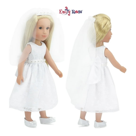 Emily Rose 14.5 Inch Doll Clothes Beautiful 4 Piece Bridal Communion 14 inch Doll Dress Outfit , Including Veil and Satiny Shoes!