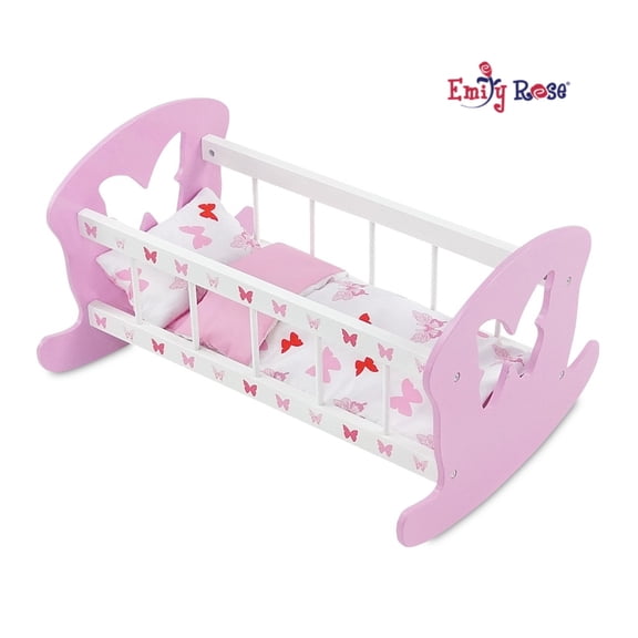 Emily Rose 14 Inch to 18 inch Doll Rocking Baby Doll Cradle | 15" to 18" Doll Bed includes 3 Piece Reversible Doll Bedding - Beautiful Butterfly Motif