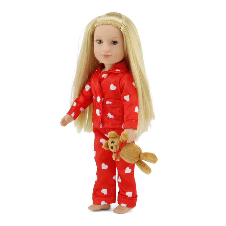 Emily Rose 14 Inch Doll Pajama & Accessories Bundle - 8-Piece Set With Bunny Slippers & Teddy Bear, Fits Wellie Wishers & Glitter Girls