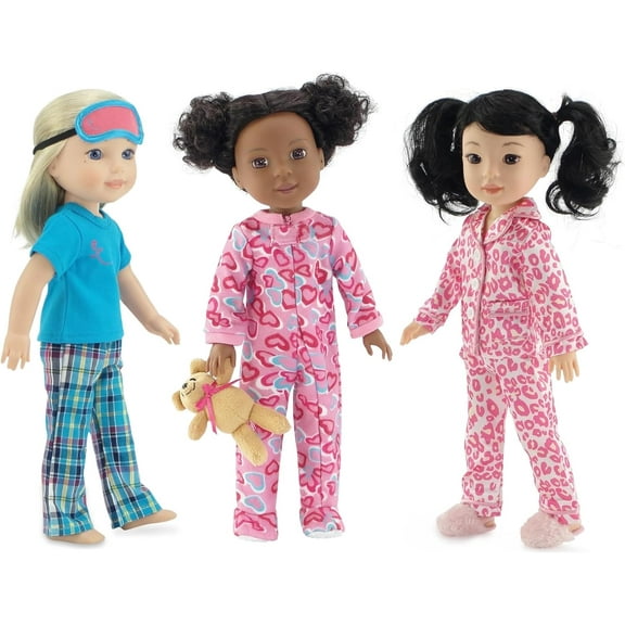 Emily Rose 14 Inch Doll Clothes 8-PC Pajama BUNDLE - Footed PJs Set with 14" Doll Teddy Bear Accessory, Plaid Doll PJ Gift Set and Leopard Satin PJ Set  | Fits Most 14" Hard-Bodied Fashion Dolls
