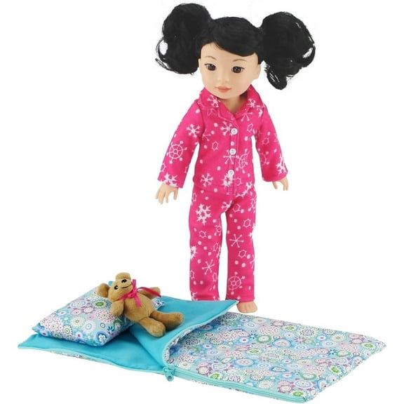 Emily Rose 14 Inch Doll Clothes & Accessories | 14-in Doll 3 PC Snowflake PJ Pajama Gift Set with Teddy Bear Bundled with 14" Doll Sleeping Bag Bedding with Pillow and Storage Bag