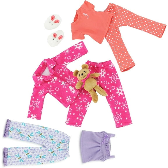 Emily Rose 14-Inch Doll Clothes and Accessories, 3-Piece Snowflake PJs with Teddy Bear, Coral PJ Set with Fluffy Easter Bunny Slippers, Summer Tank PJ Set Value Bundle