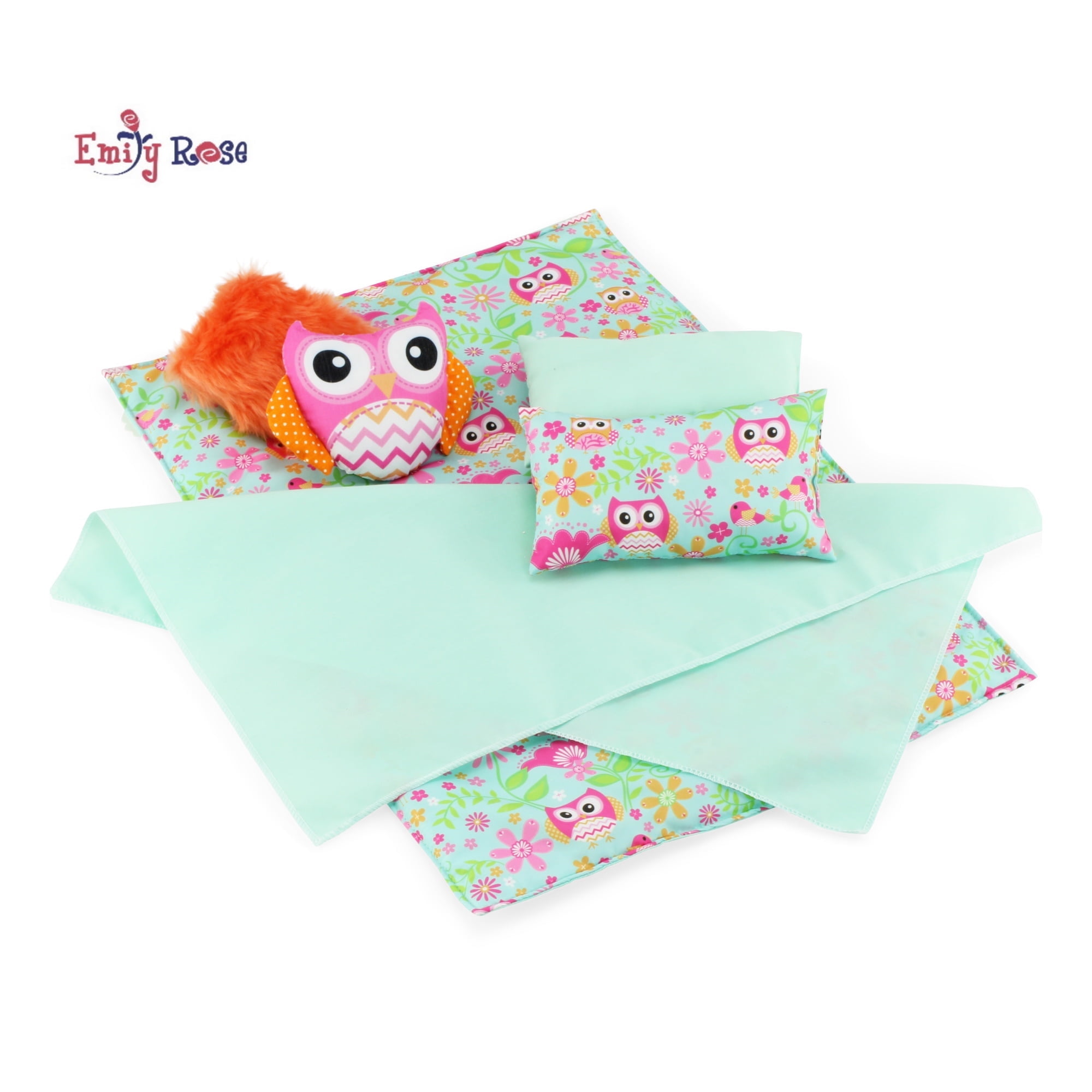 Emily Rose 18-Inch Doll Bedding Set with Owl Print and Decorative Pillows