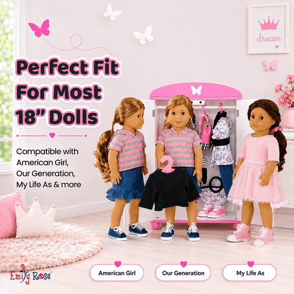 Emily Rose 18 Inch Doll Armoire Storage Closet with 5 Doll Clothes Hangers - Pink Butterfly Collection