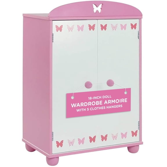 Emily Rose 18 Inch Doll Armoire Storage Closet with 5 Doll Clothes Hangers - Pink Butterfly Collection