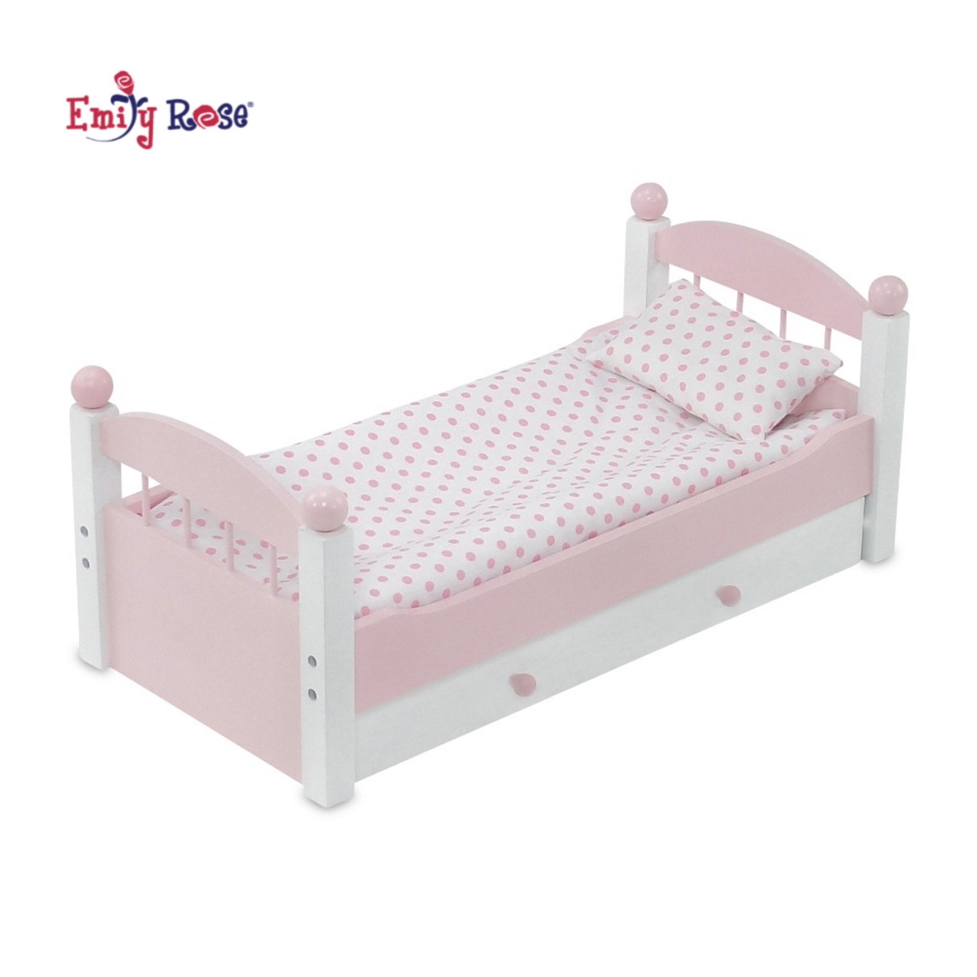 Pink and White Painted Wood Stackable 18" Doll Trundle Bed