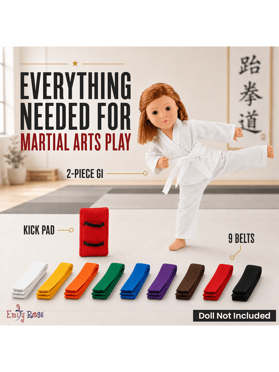 18 Inch Doll Clothes Karate Taekwondo Martial Arts Gift Set, Includes 9 Color Belts & Kick Pad | USA Business