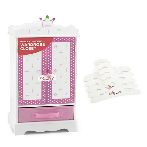 Emily Rose 18-Inch Doll Clothes Closet Large Armoire with 5 Hangers - Wish Crown Collection