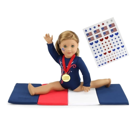 Emily Rose 18 Inch Doll Clothes Doll 4 Piece Gymnastics Gymnast Clothing & Accessories Set Outfit | Includes Tumbling Mat, Child Face Stickers and Winner's Medal!