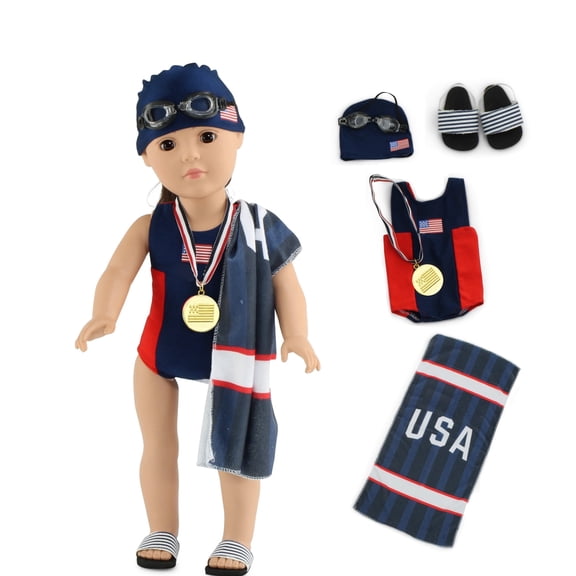 Emily Rose 18" Doll Swim Team Outfit, 6-Piece Swimmer Clothes & Accessories Set, Gift Boxed, Compatible with American Girl Dolls